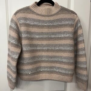 Lafayette 148 Beige and Gray Metallic Knit, Sequin Cashmere/ Silk Blend Sweater